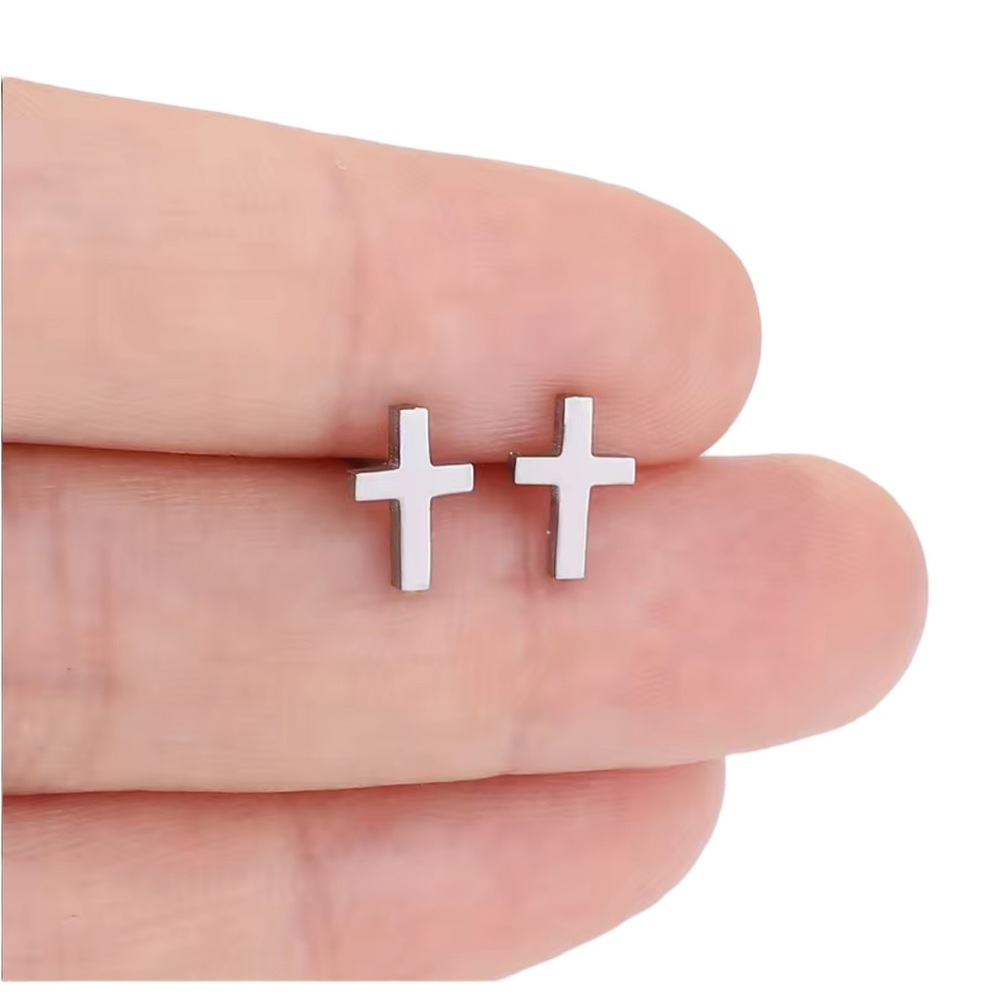 Stainless Steel Silver Mini Cross Stud Earrings